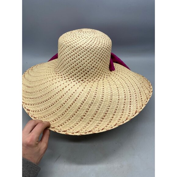 hand woven straw sun wide rim hat headband purple scarf in Ecuador brown 7\
